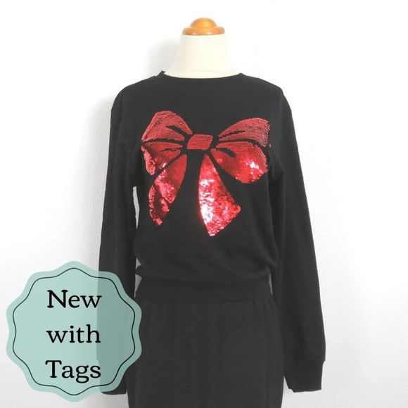 Christmas Bow Sweater Sweatshirt - Black - Sequins - Small - NEW - Holiday - Picture 1 of 10
